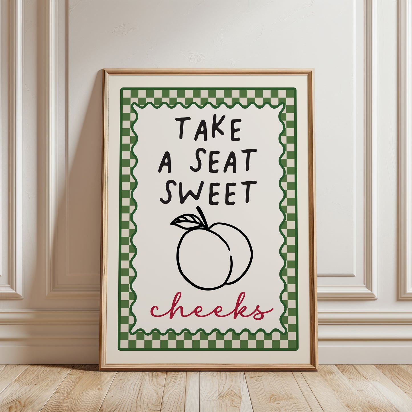 funny bathroom print with chequered border and funny quote "TAKE A SEAT SWEET CHEEKS" in olive green