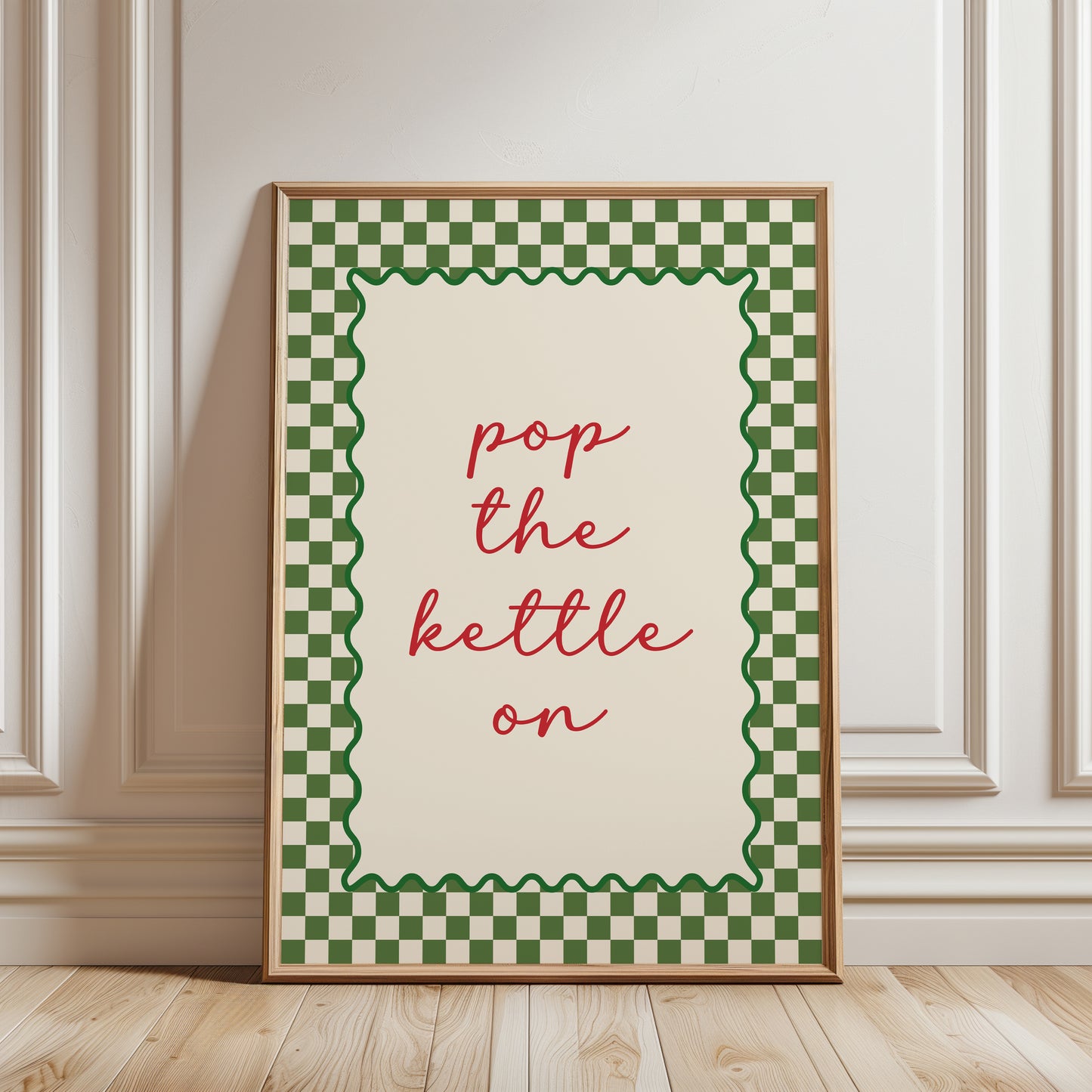 Olive green kitchen print with quote "POP THE KETTLE ON" with a funky chequered border, ideal for dining room or kitchen wall decor