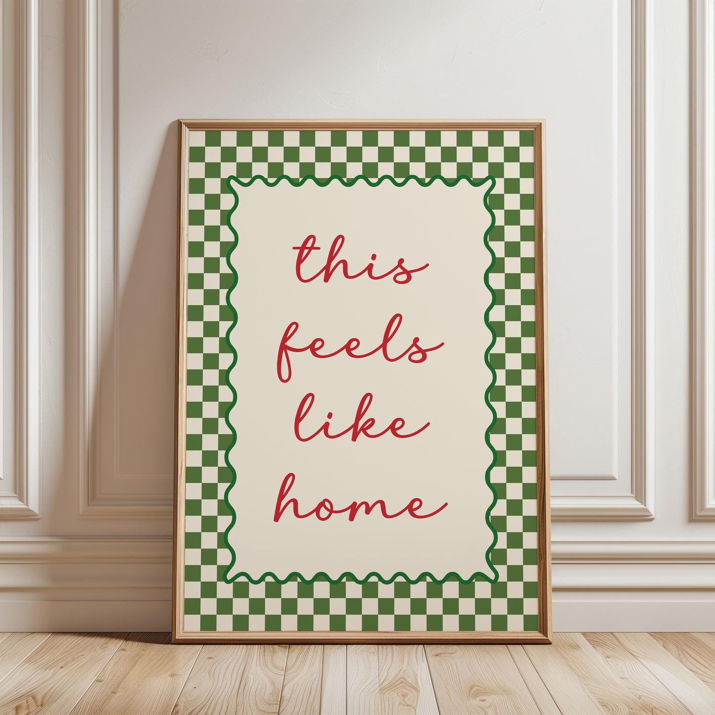 Modern hallway gallery wall art print with quote "this feels like home" in olive green with a chequered border