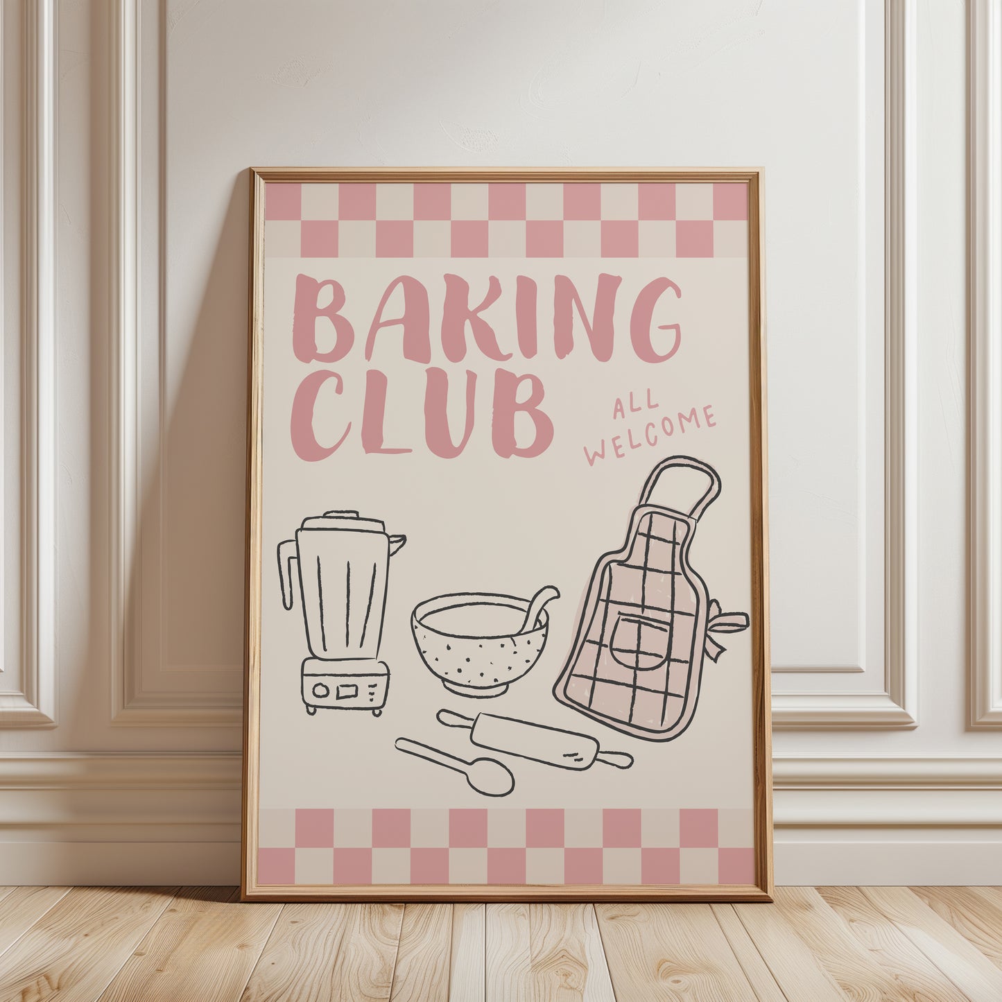Baking club kitchen print in pink and beige