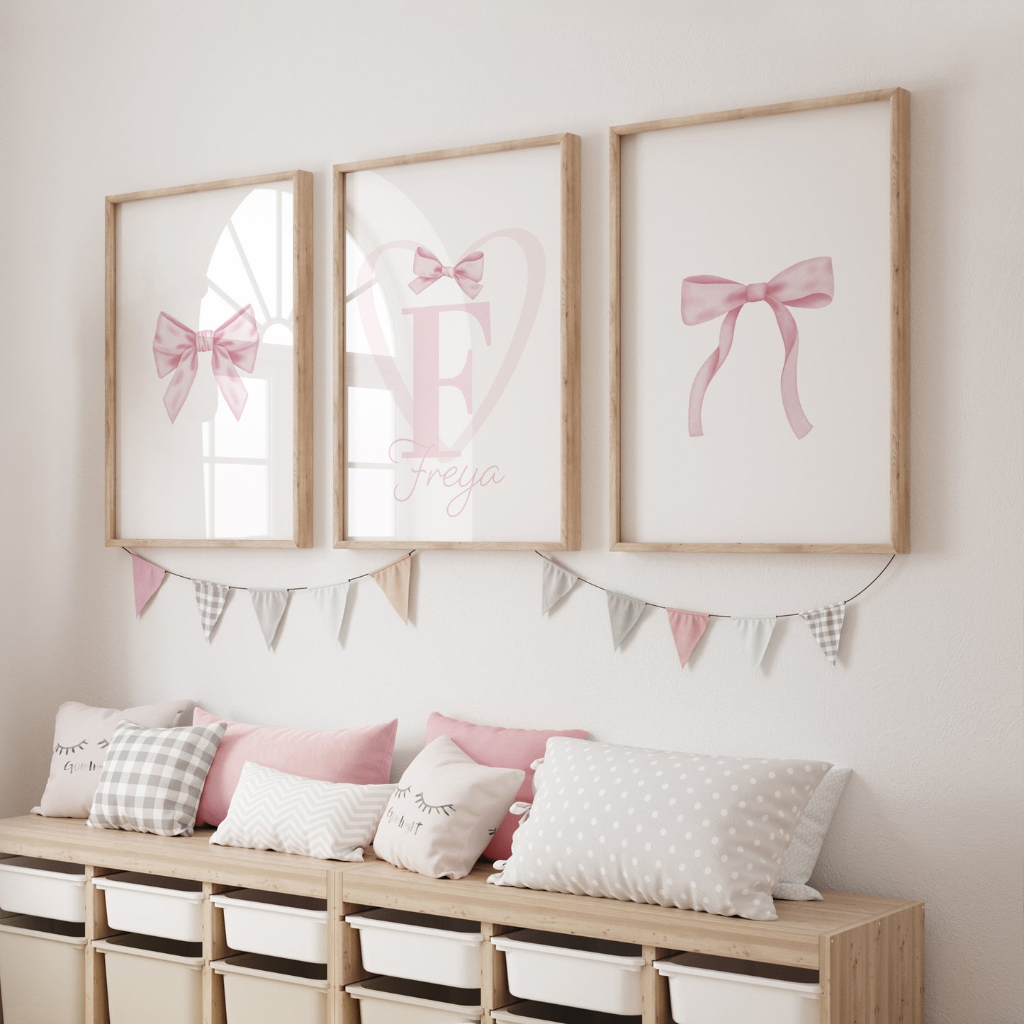pink bow prints for girls room personalised with name and initial
