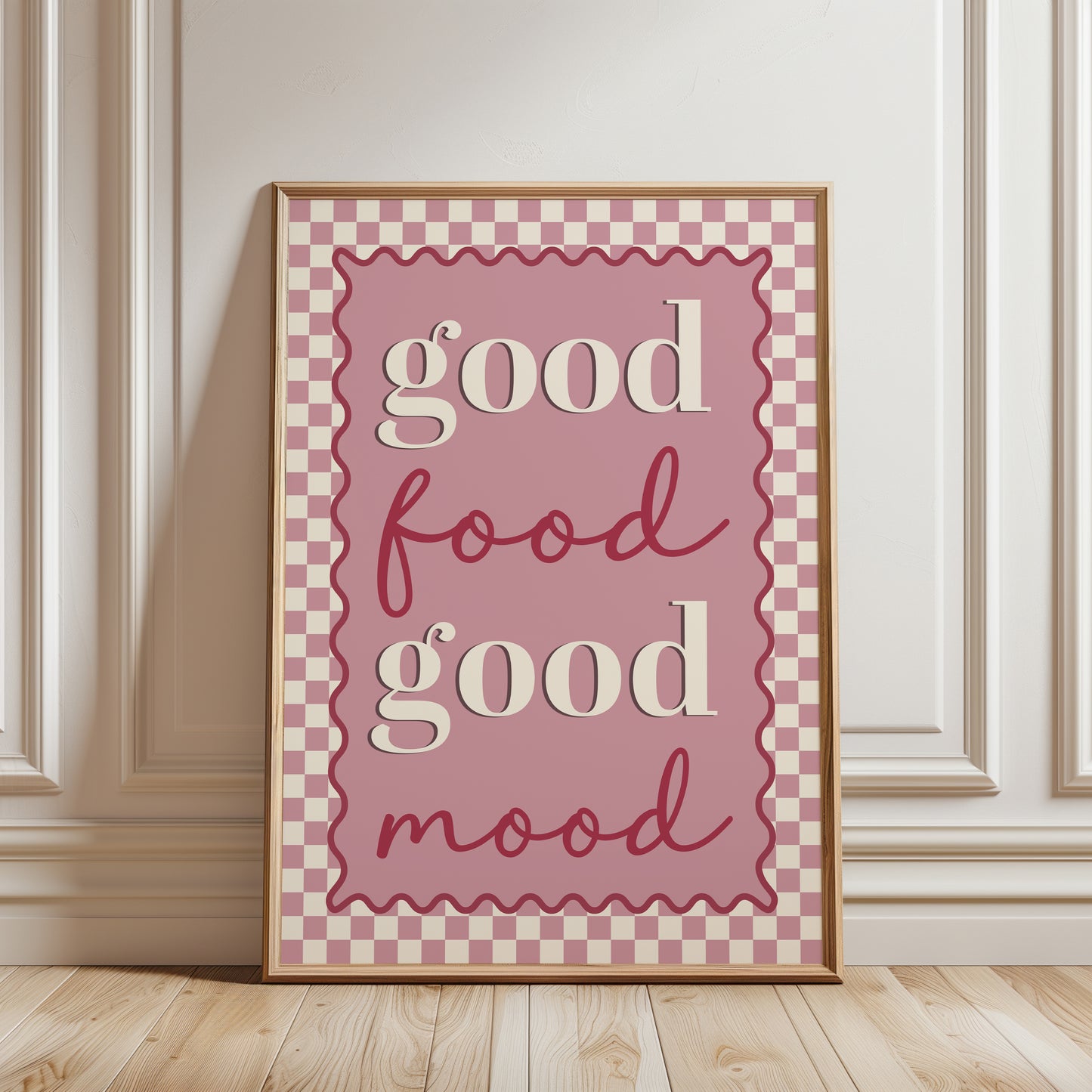 Pink kitchen poster with quote "good food good mood"