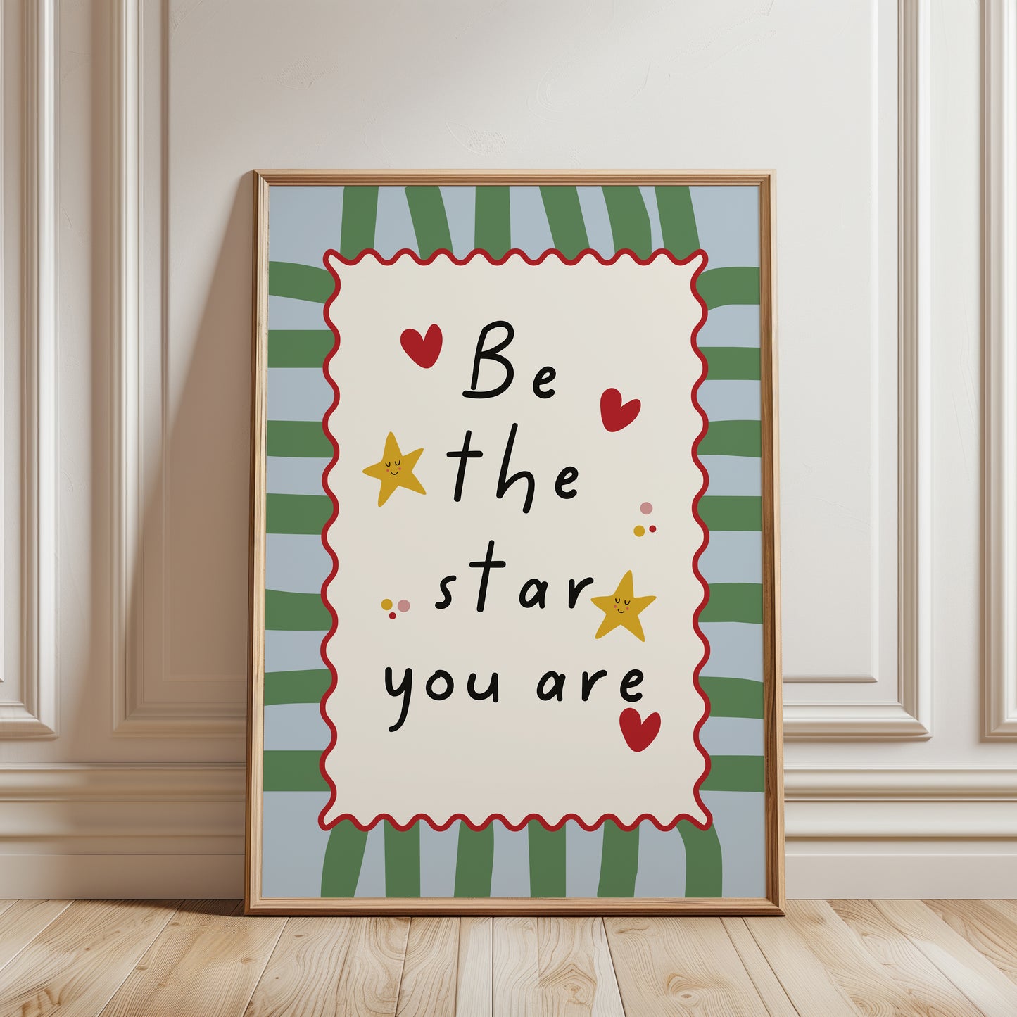 Nursery print, with inspirational quote "be the star you are", playful nursery decor in green and blue