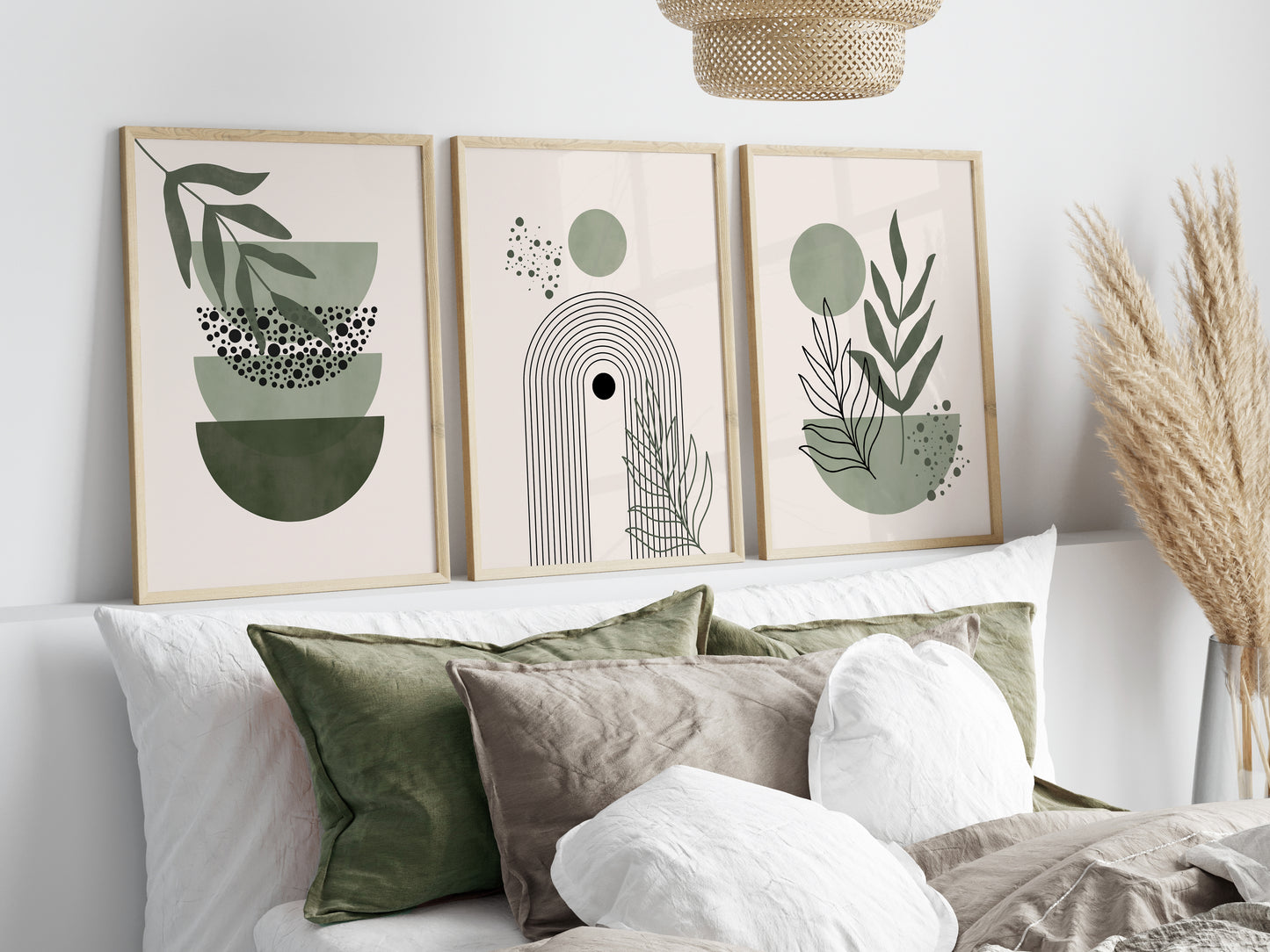 Set of 3 Green Boho Wall Art Prints