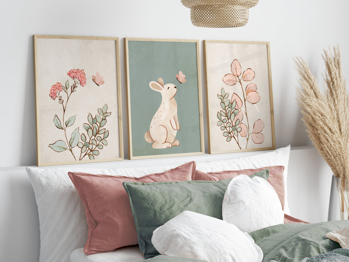 Set of 3 Sage Green Bunny Girls Nursery Wall Prints
