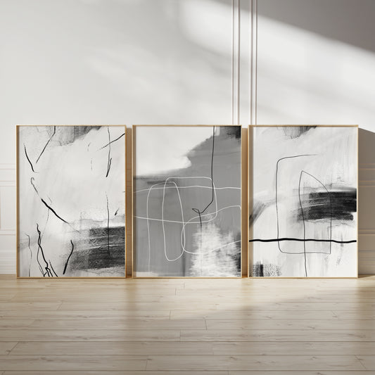 Set of 3 Grey & Black Abstract Wall Prints