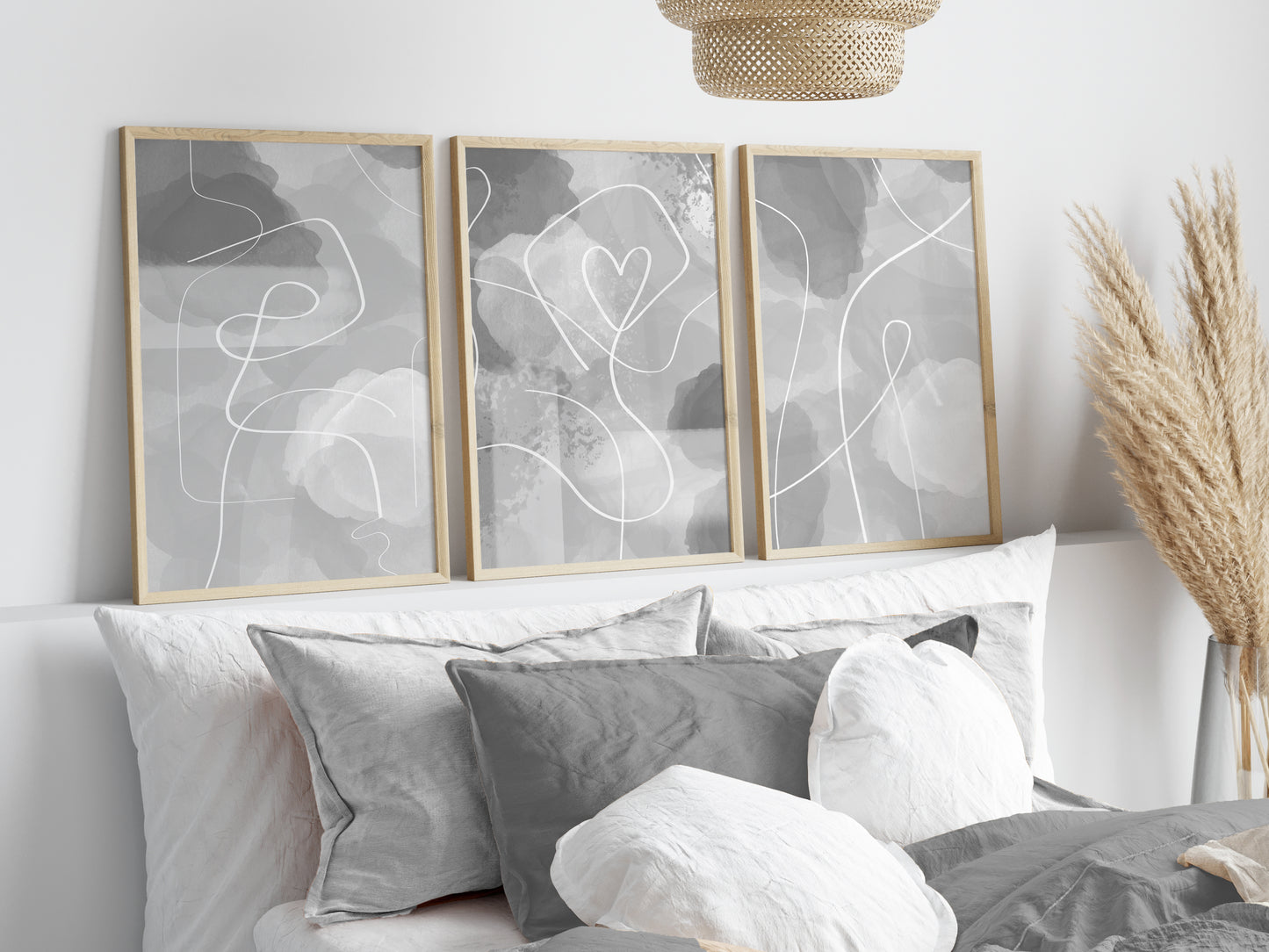 Set of 3 Grey & White Abstract Bedroom Wall Prints