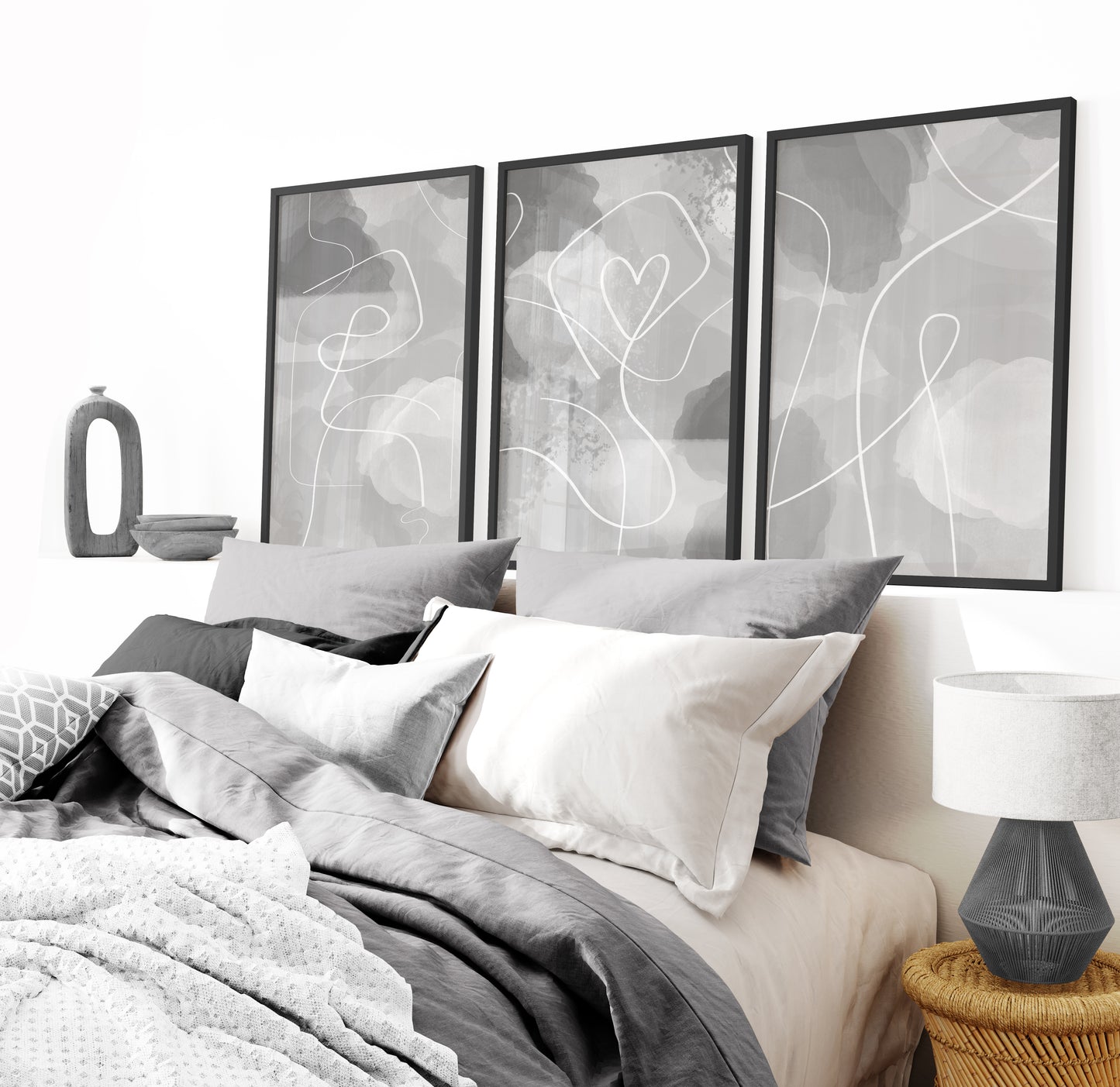 Set of 3 Grey & White Abstract Bedroom Wall Prints
