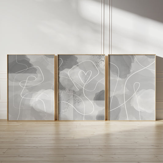 Set of 3 Grey & White Abstract Bedroom Wall Prints