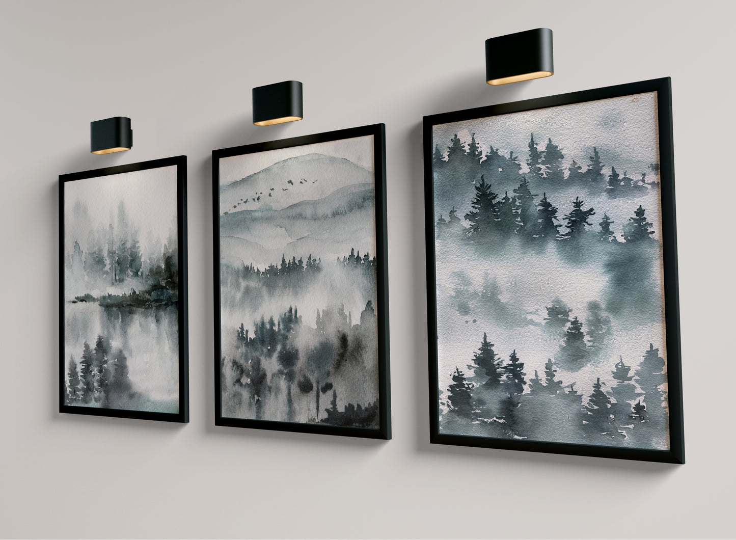 Set of 3 Muted Blue Watercolour Landscape Abstract Wall Prints