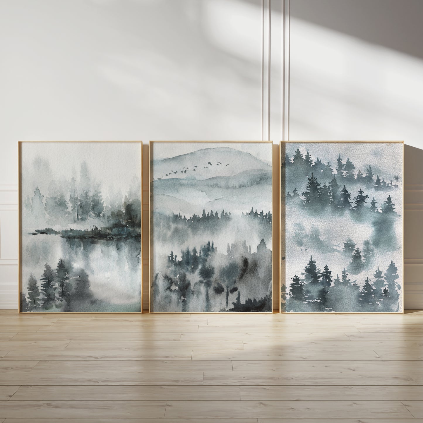 Set of 3 Muted Blue Watercolour Landscape Abstract Wall Prints