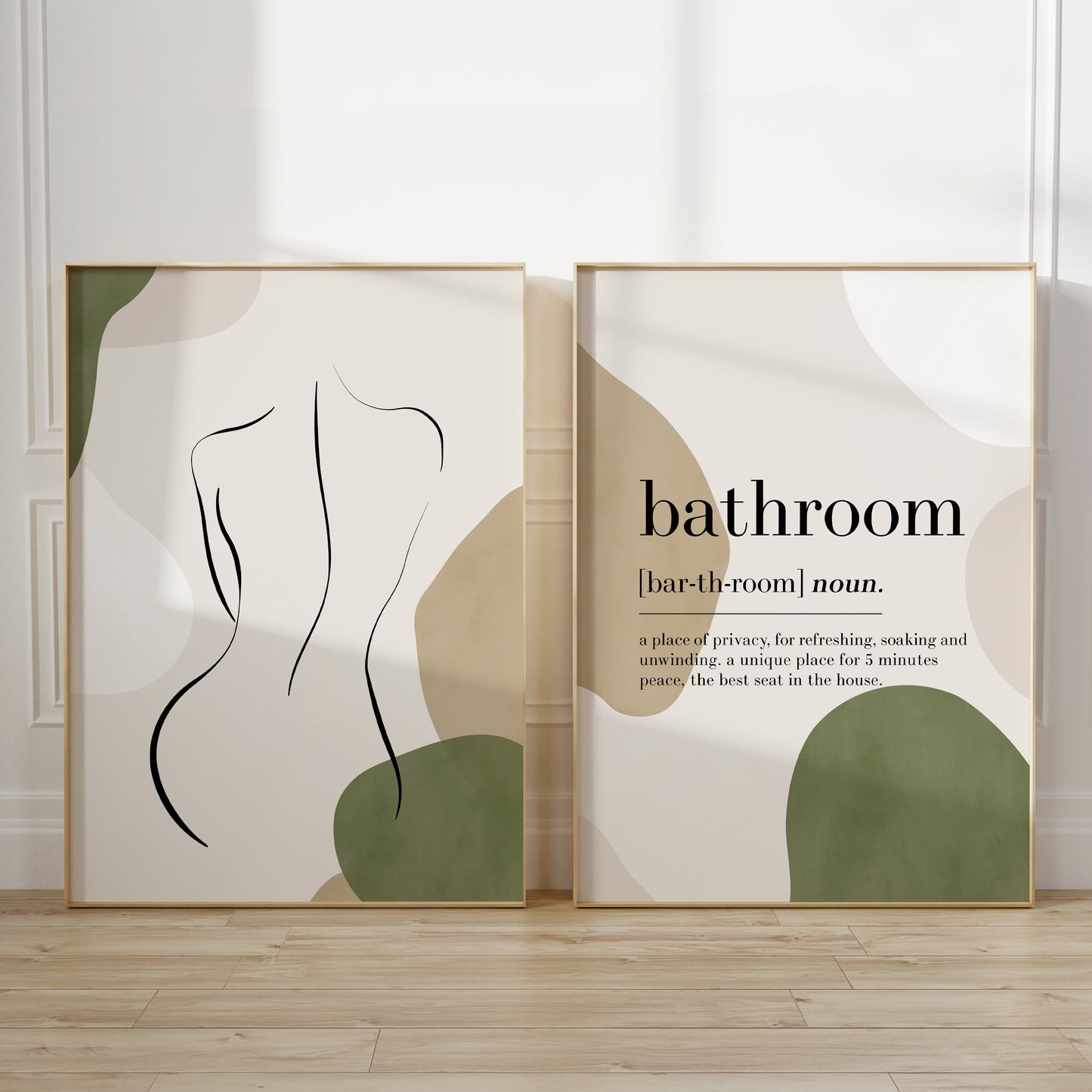 Set of 2 Olive Green Bathroom Wall Prints