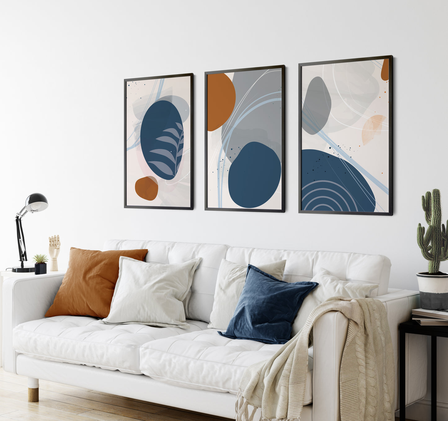 Set of 3 Rust, Orange & Blue Abstract Wall Prints
