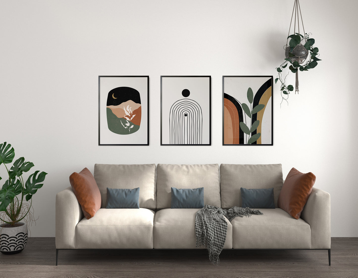 Set of 3 Terracotta & Green Boho Wall Prints