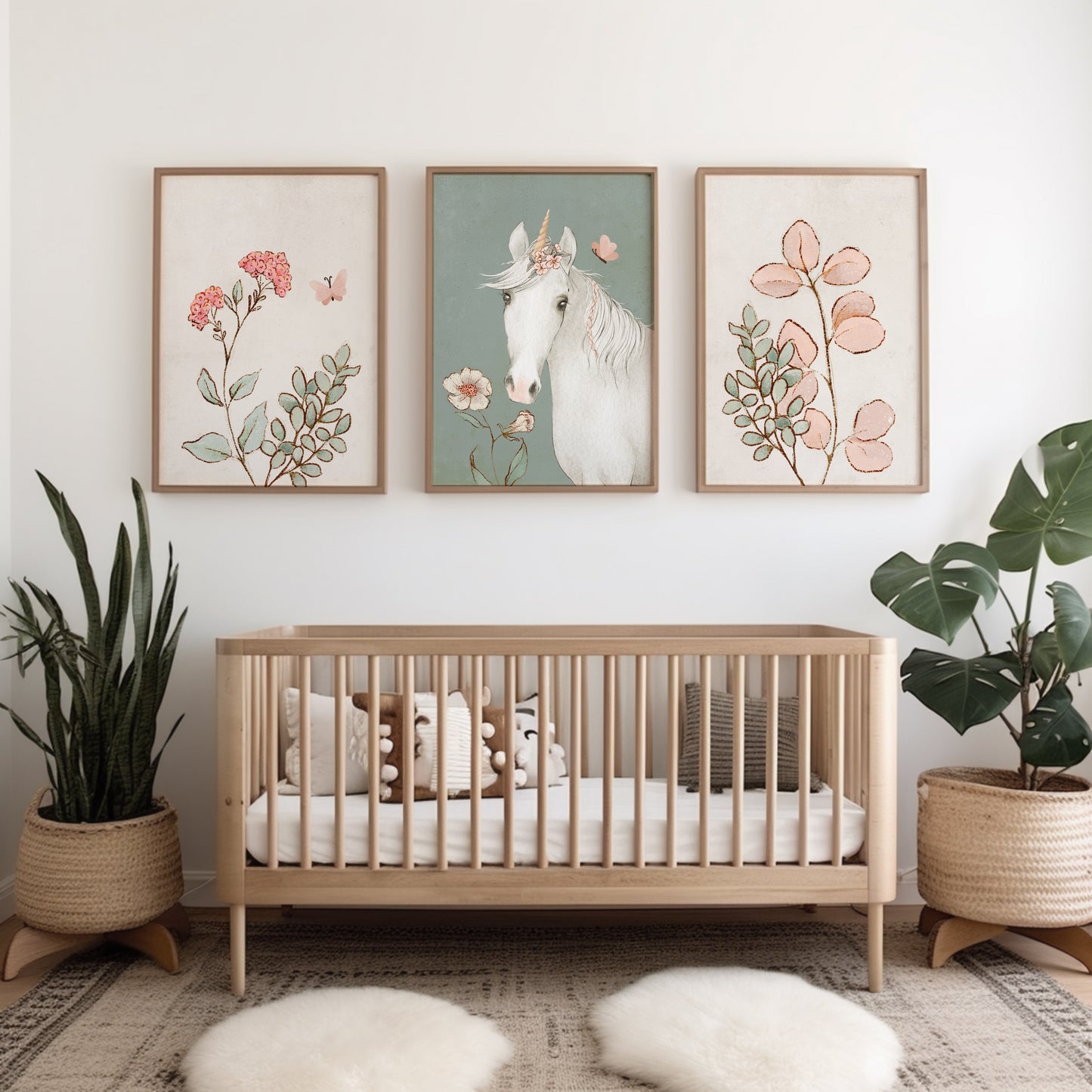 Set of 3 Girls Green Unicorn Bedroom Wall Prints