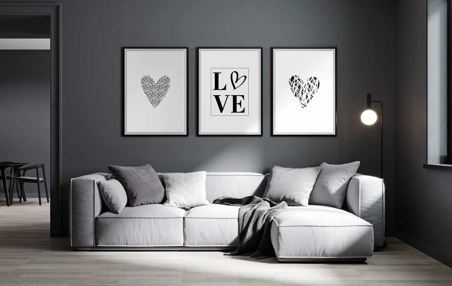 Set of 3 Black & White Love Heart Bedroom Wall Prints