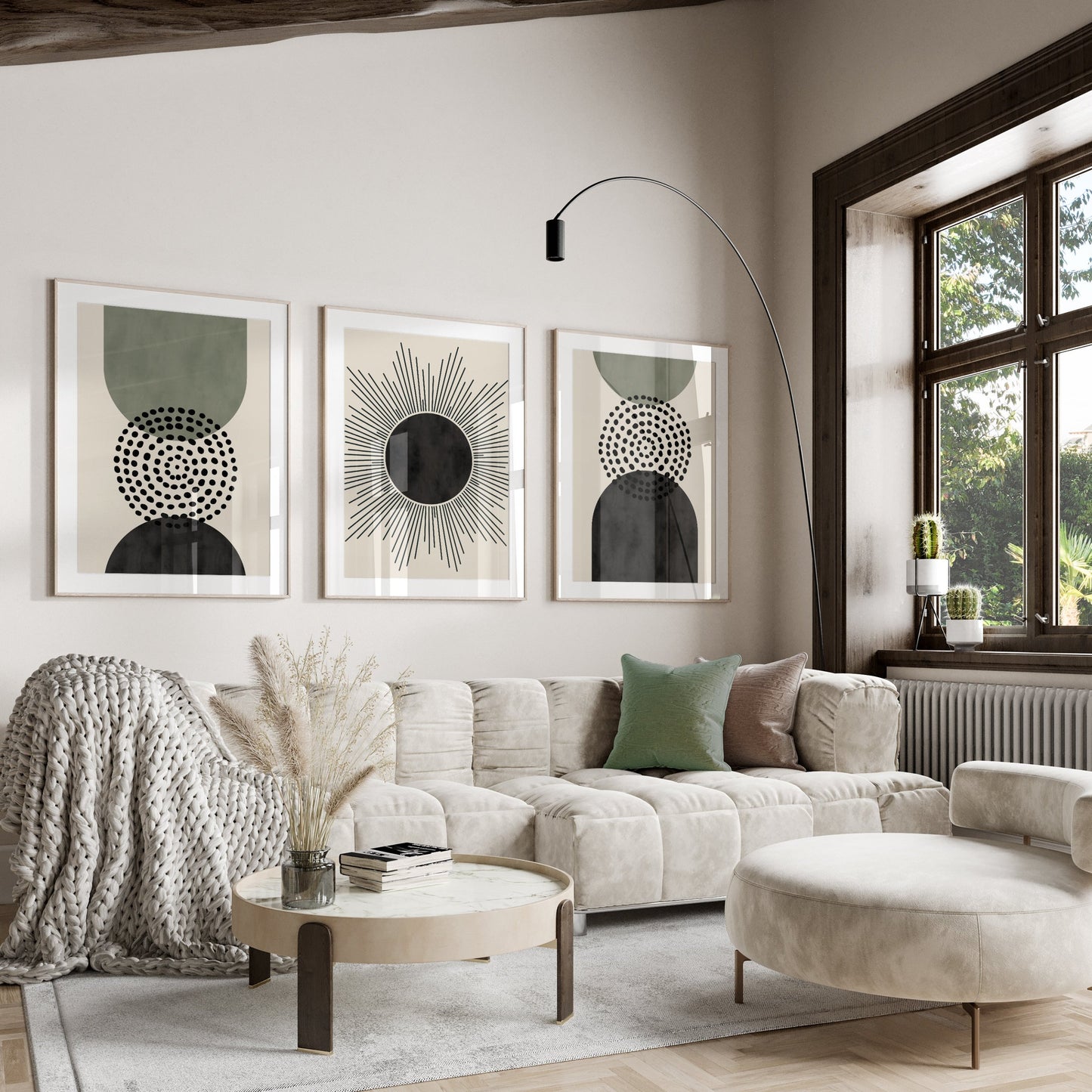 Set of 3 Green & Black Modern Mid Century Wall Art Prints