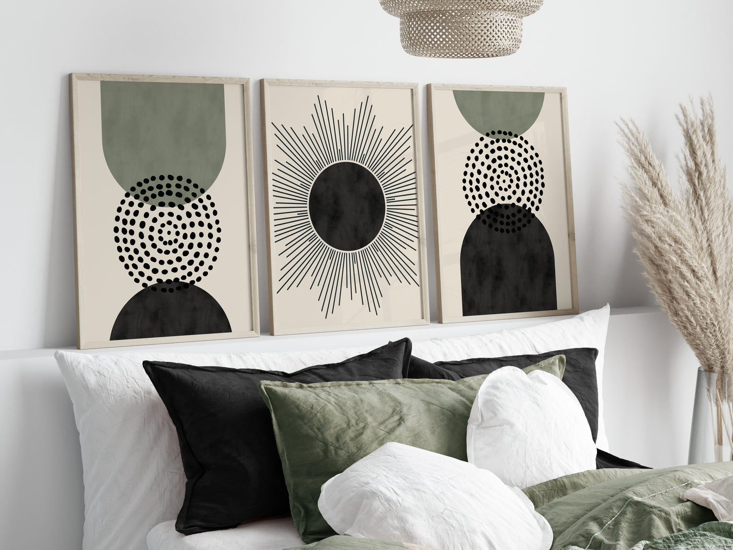 Set of 3 Green & Black Modern Mid Century Wall Art Prints