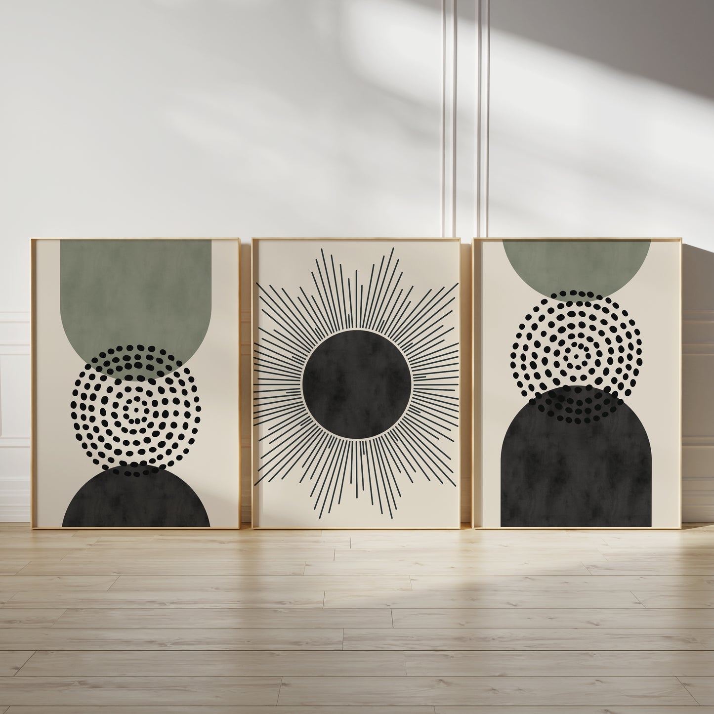 Set of 3 Green & Black Modern Mid Century Wall Art Prints