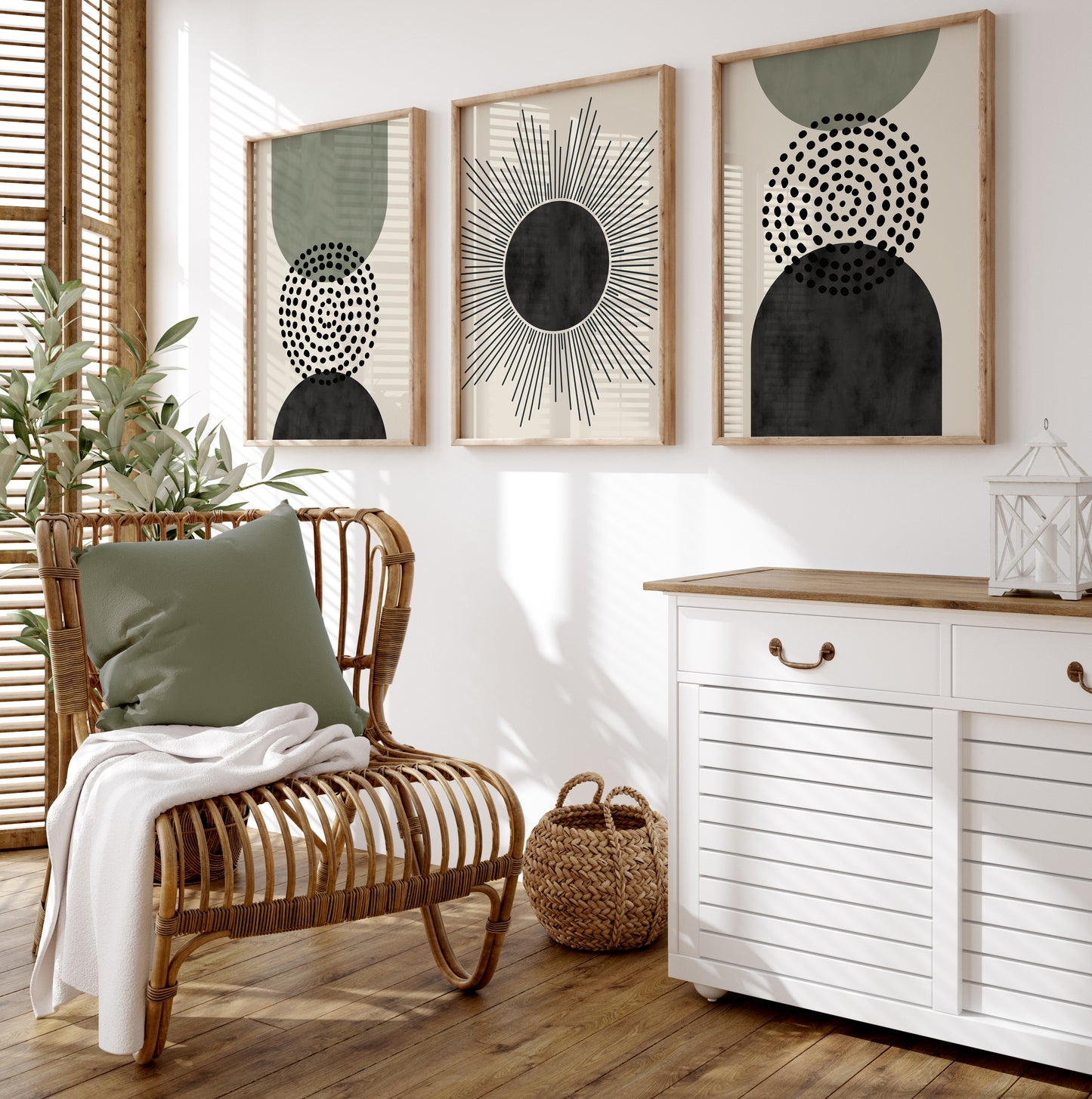 Set of 3 Green & Black Modern Mid Century Wall Art Prints