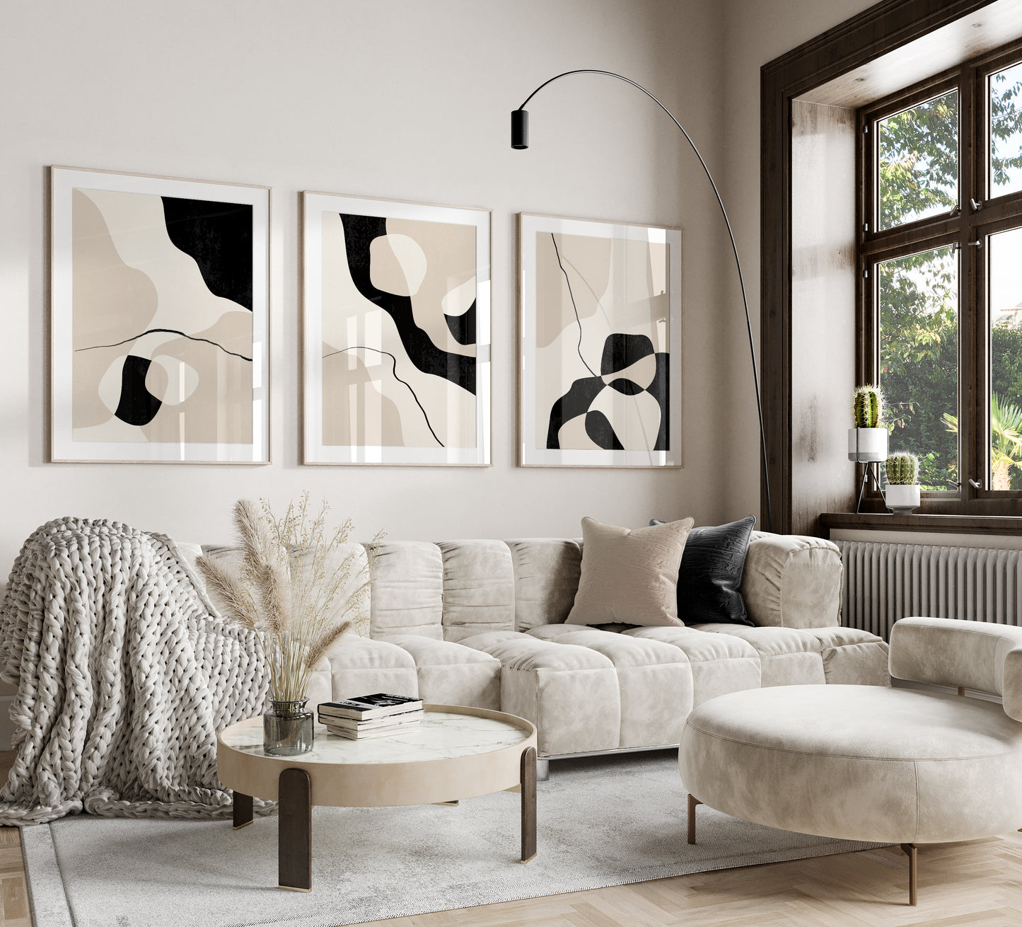 Set of 3 Black & Beige Abstract Wall Art Prints