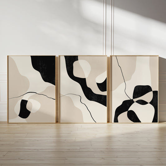 Set of 3 Black & Beige Abstract Wall Art Prints