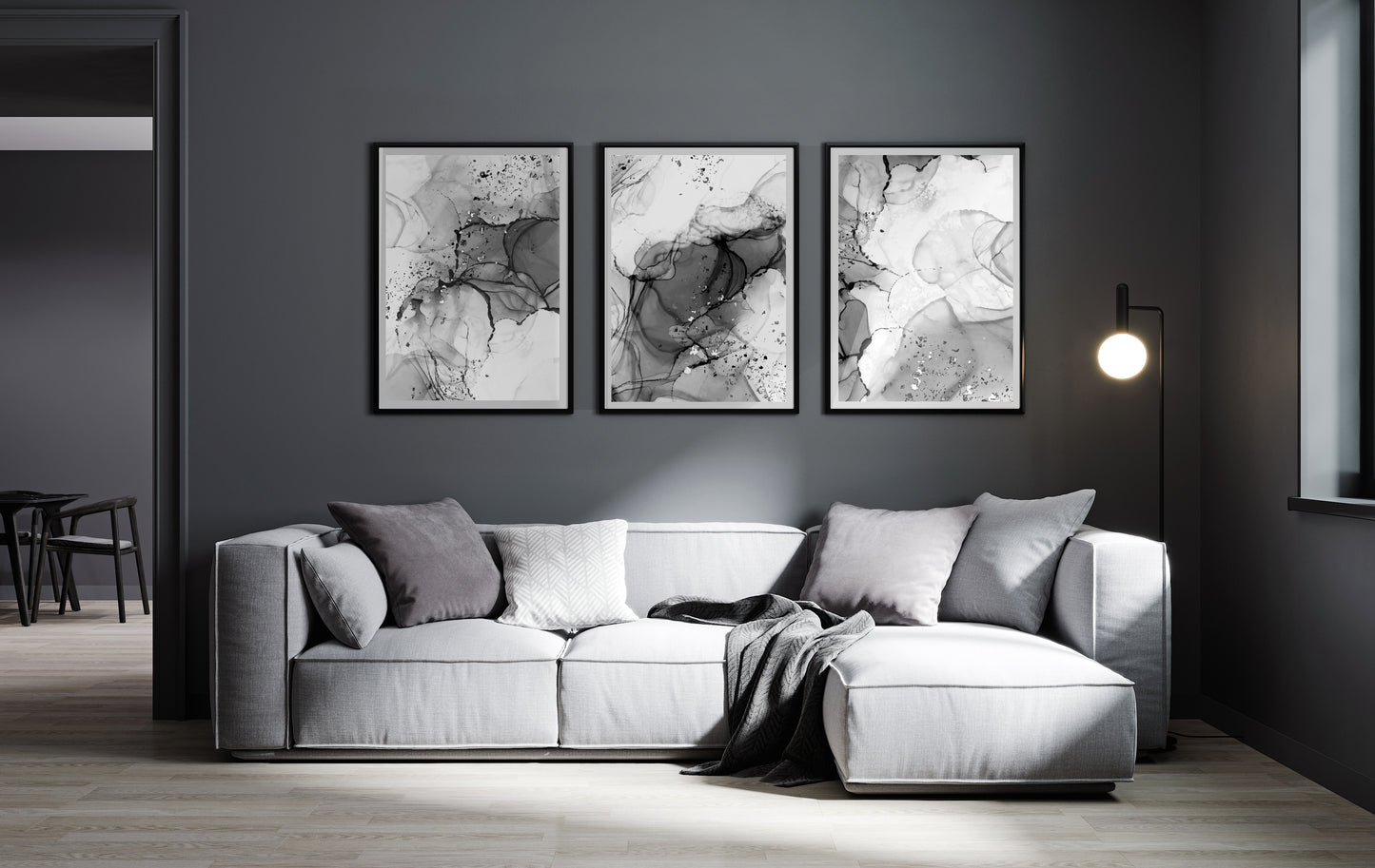 Set of 3 Grey & Black Marble Abstract Wall Art Prints
