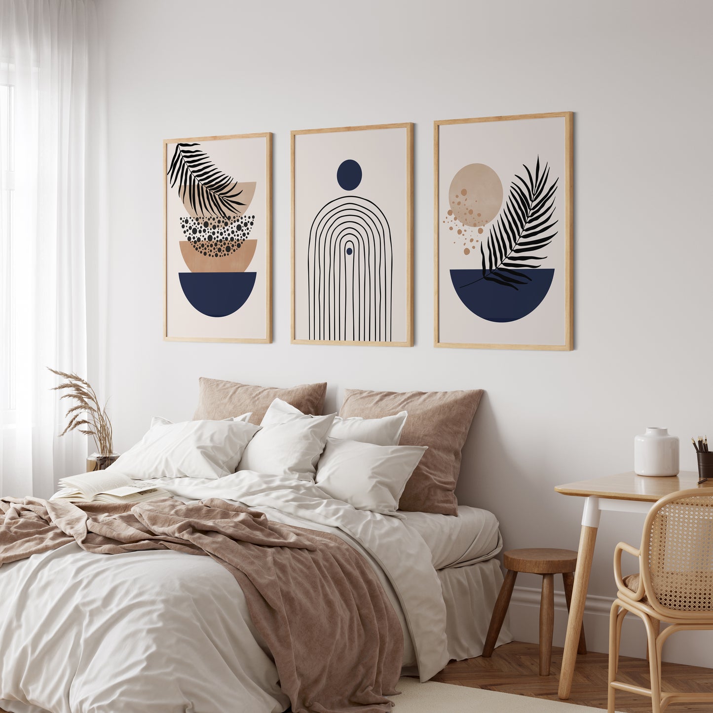 Set of 3 Blue & Beige Boho Wall Art Prints