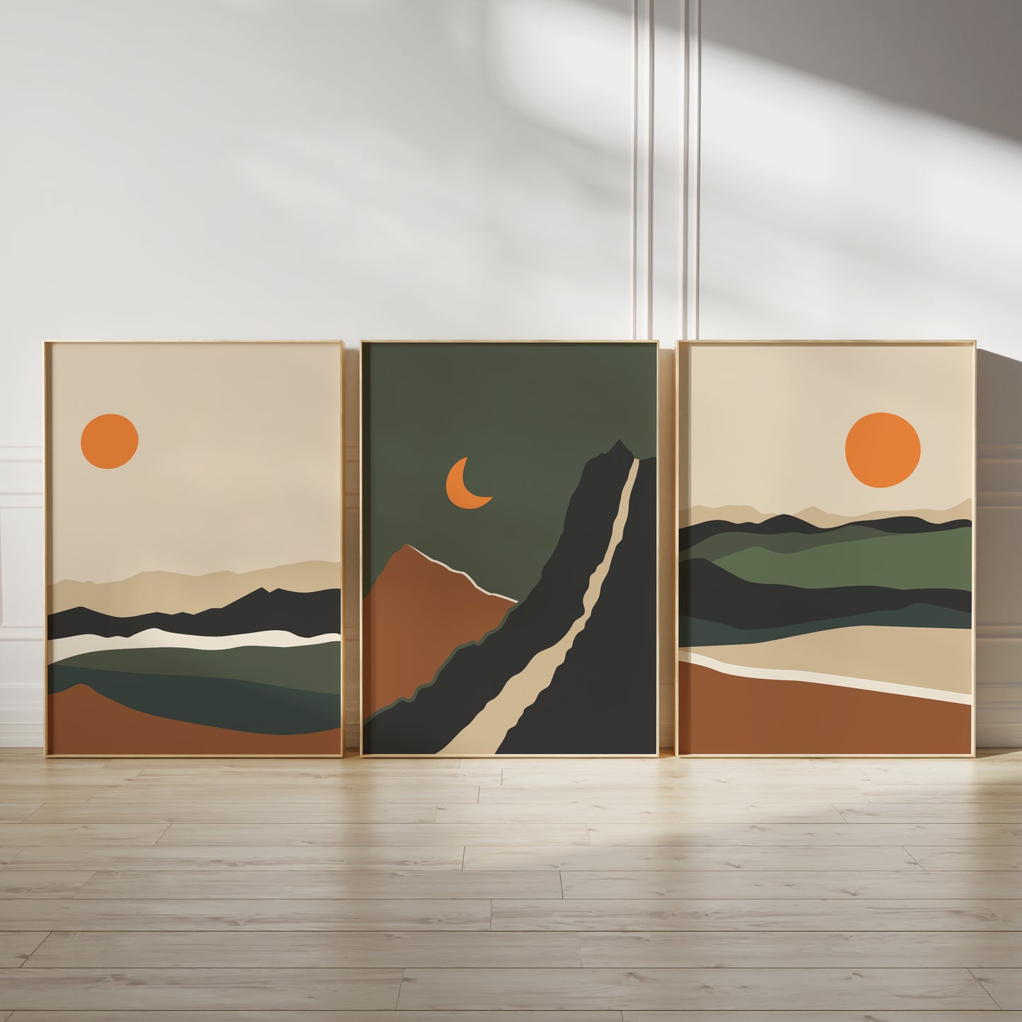 Set of 3 Green Boho Landscape Abstract Wall Prints