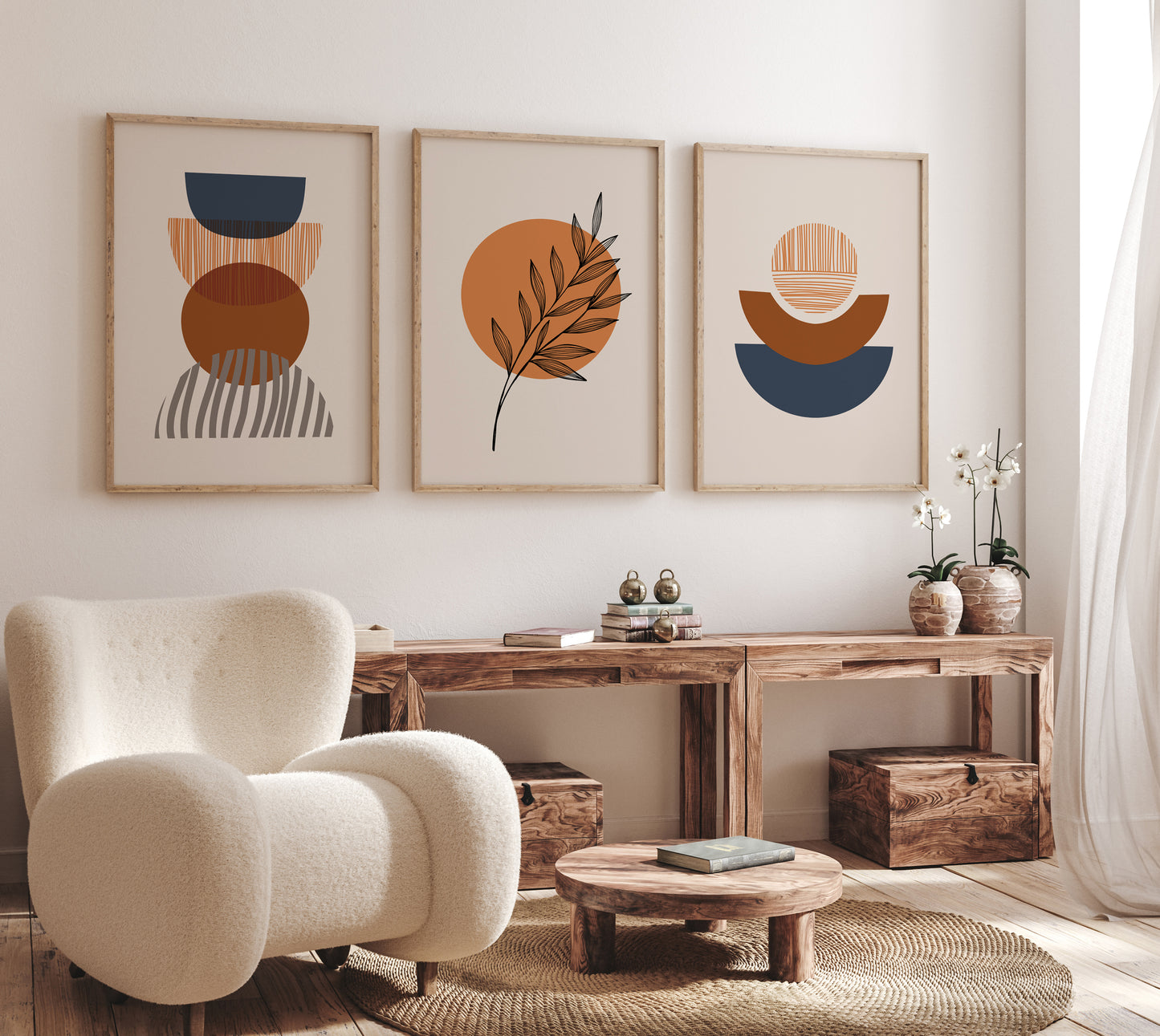 Set of 3 Orange & Blue Boho Wall Prints