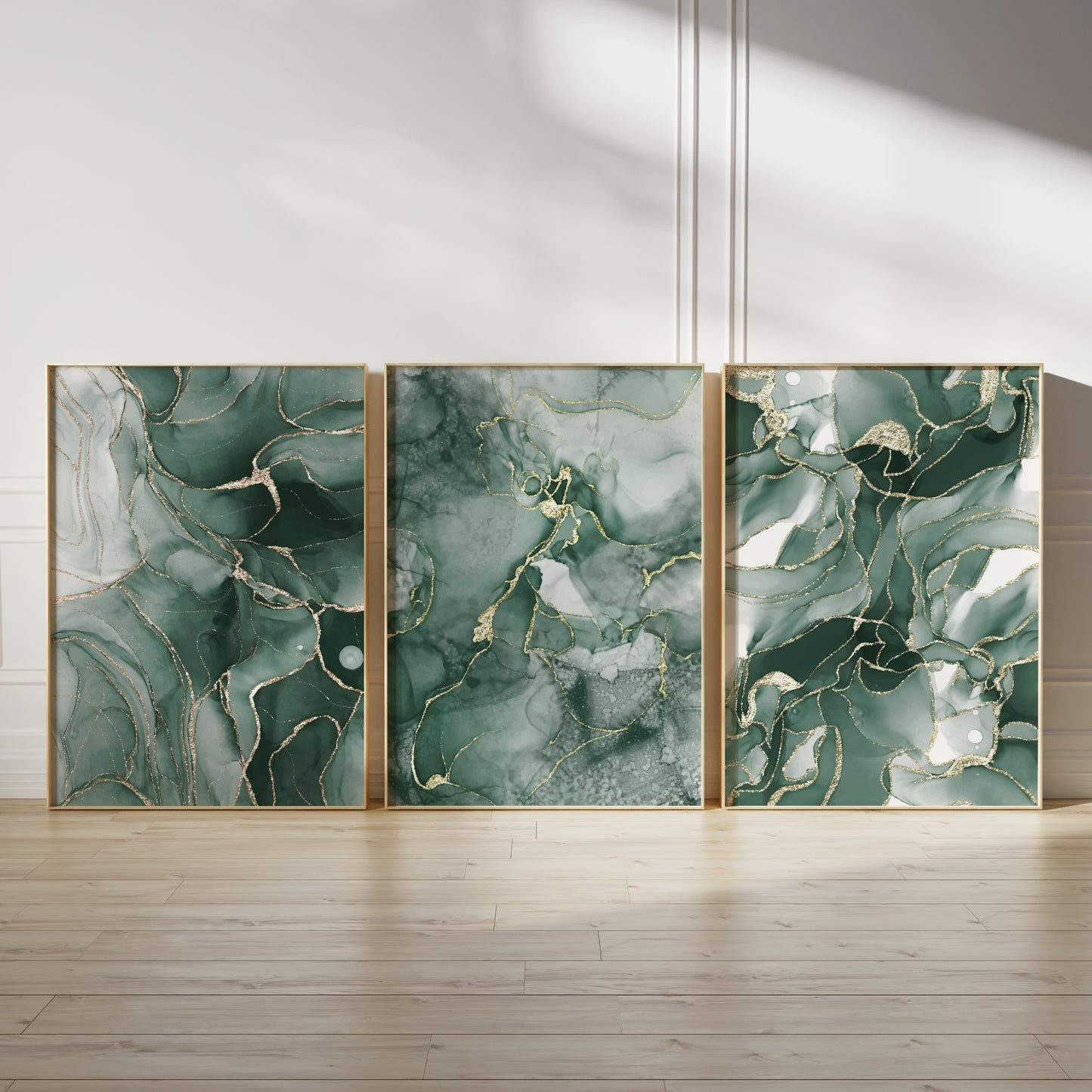 Set of 3 Green & Gold Marble Wall Art Prints