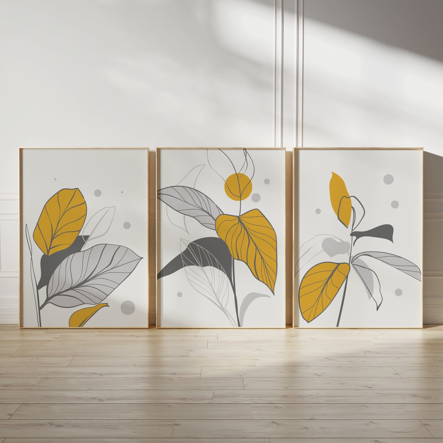 Set of 3 Mustard and Grey Botanical Wall Prints