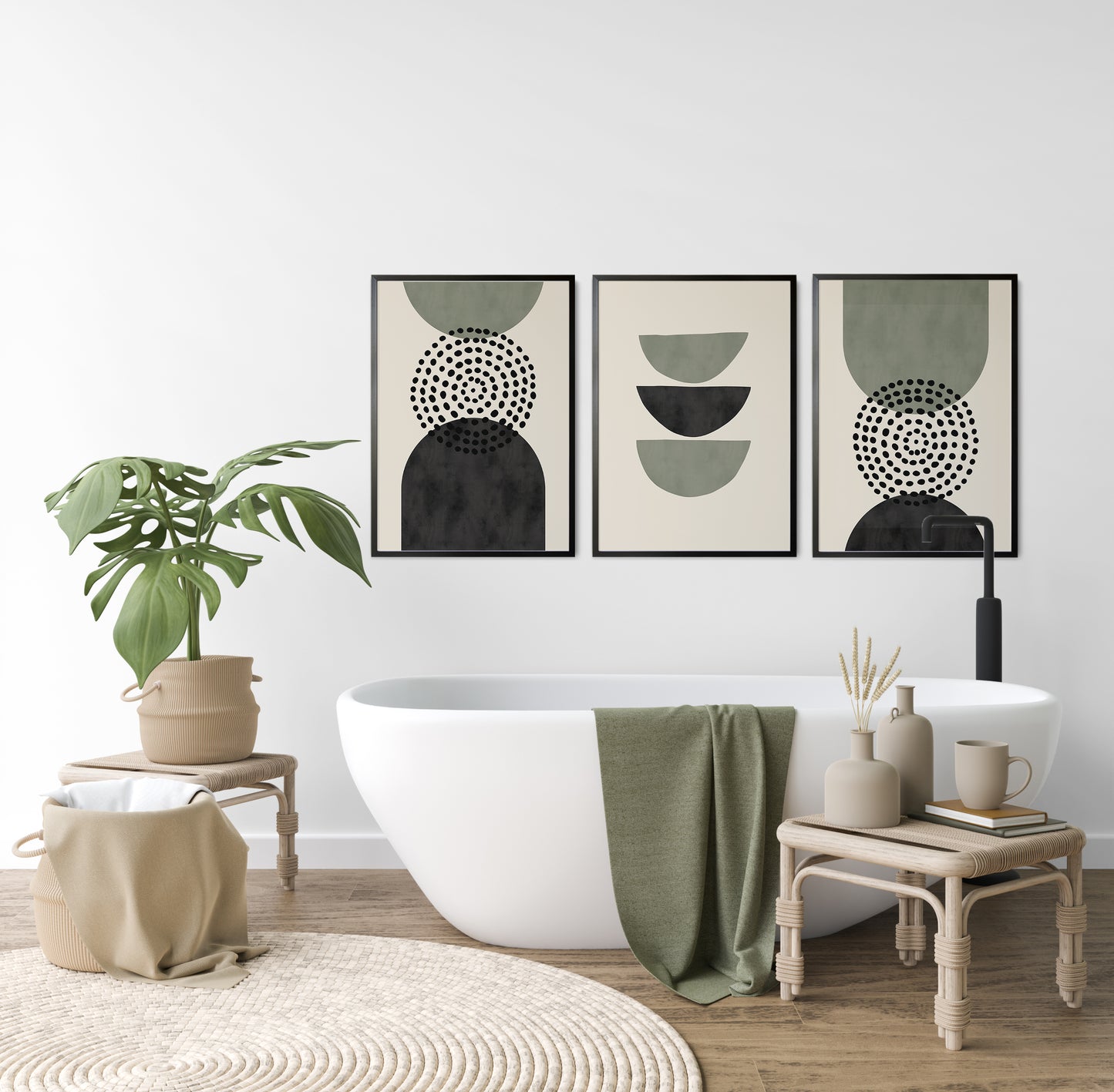 Set of 3 Green & Black Modern Mid Century Wall Prints