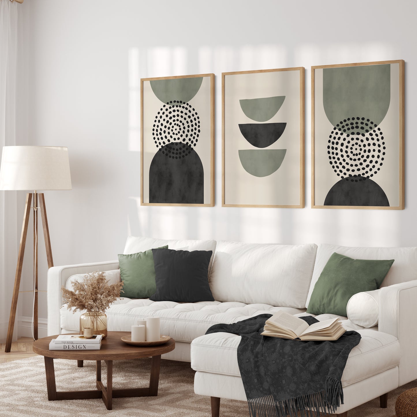 Set of 3 Green & Black Modern Mid Century Wall Prints
