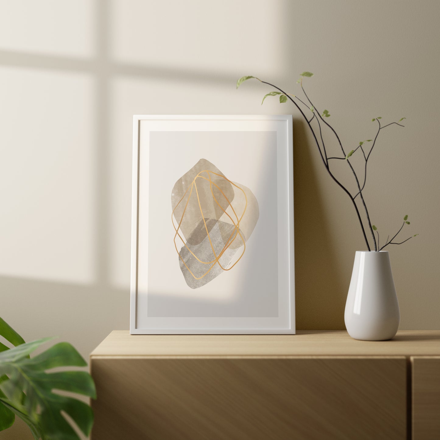 Set of 3 Modern Beige and Gold Abstract Wall Art Prints