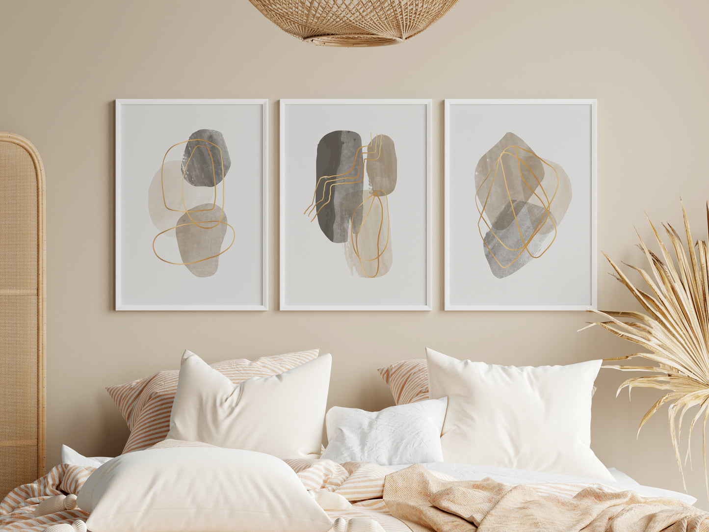Set of 3 Modern Beige and Gold Abstract Wall Art Prints