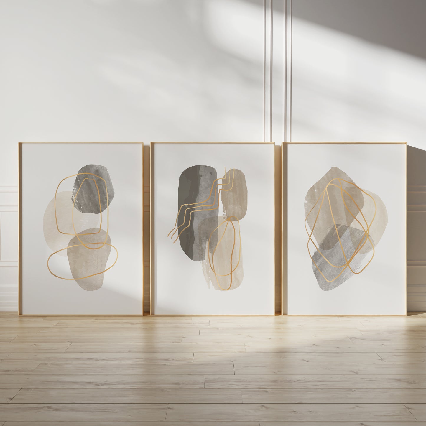 Set of 3 Modern Beige and Gold Abstract Wall Art Prints