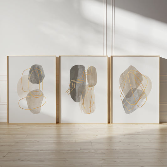 Set of 3 Modern Beige and Gold Abstract Wall Art Prints