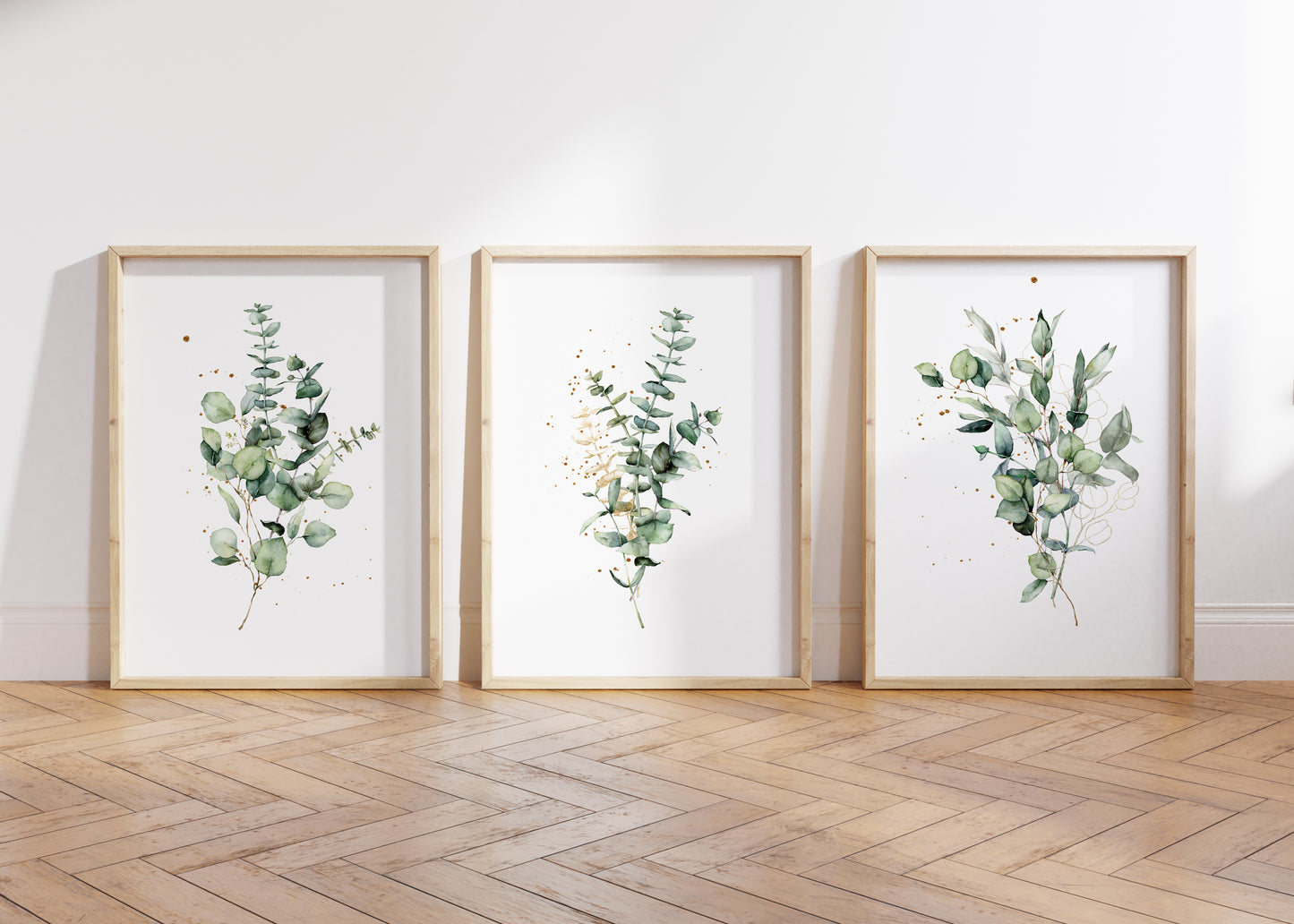 Set of 3 Eucalyptus Green & Gold Wall Prints