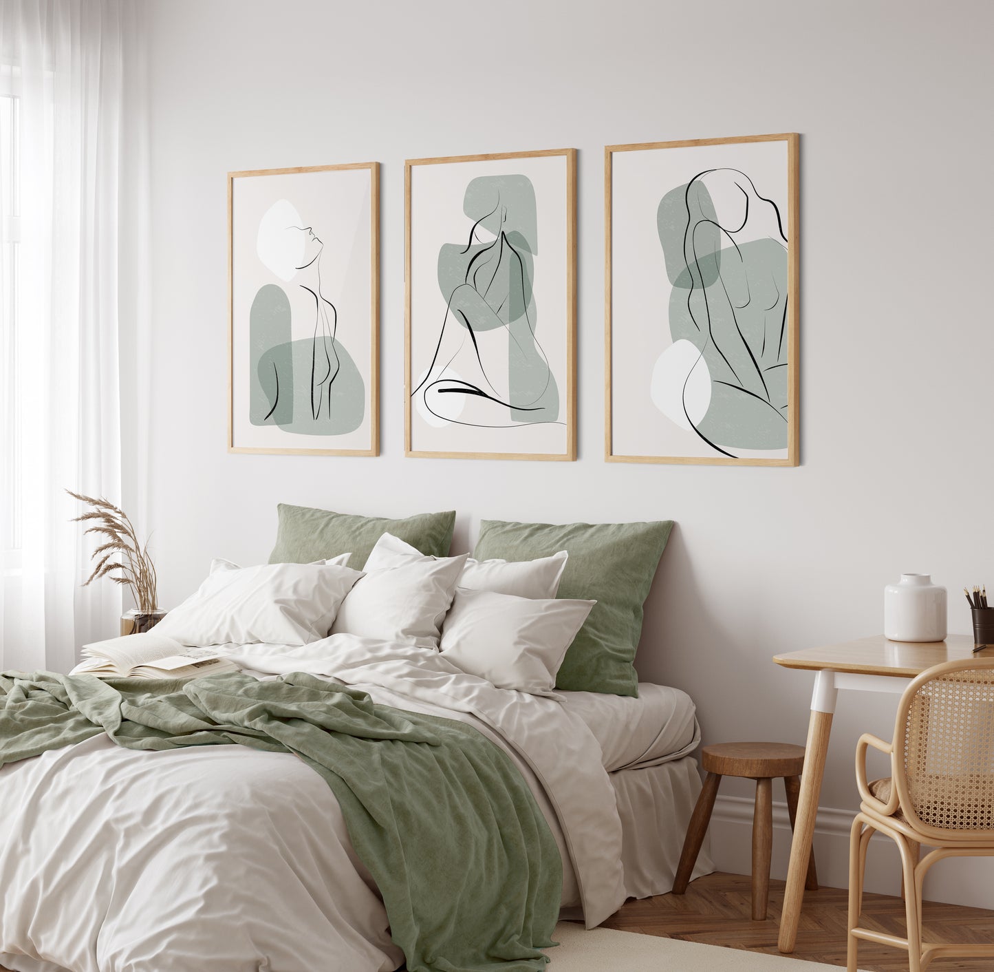 Set of 3 Sage Green Women Line Art Wall Prints