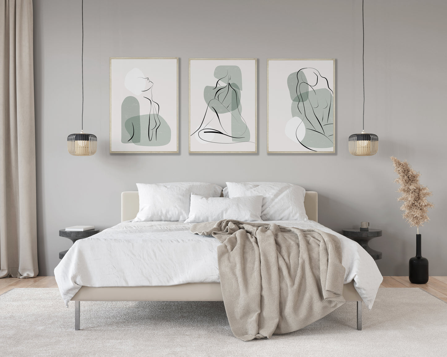 Set of 3 Sage Green Women Line Art Wall Prints