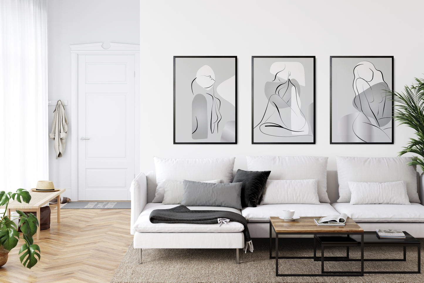 Set of 3 Grey Line Art Women Wall Prints