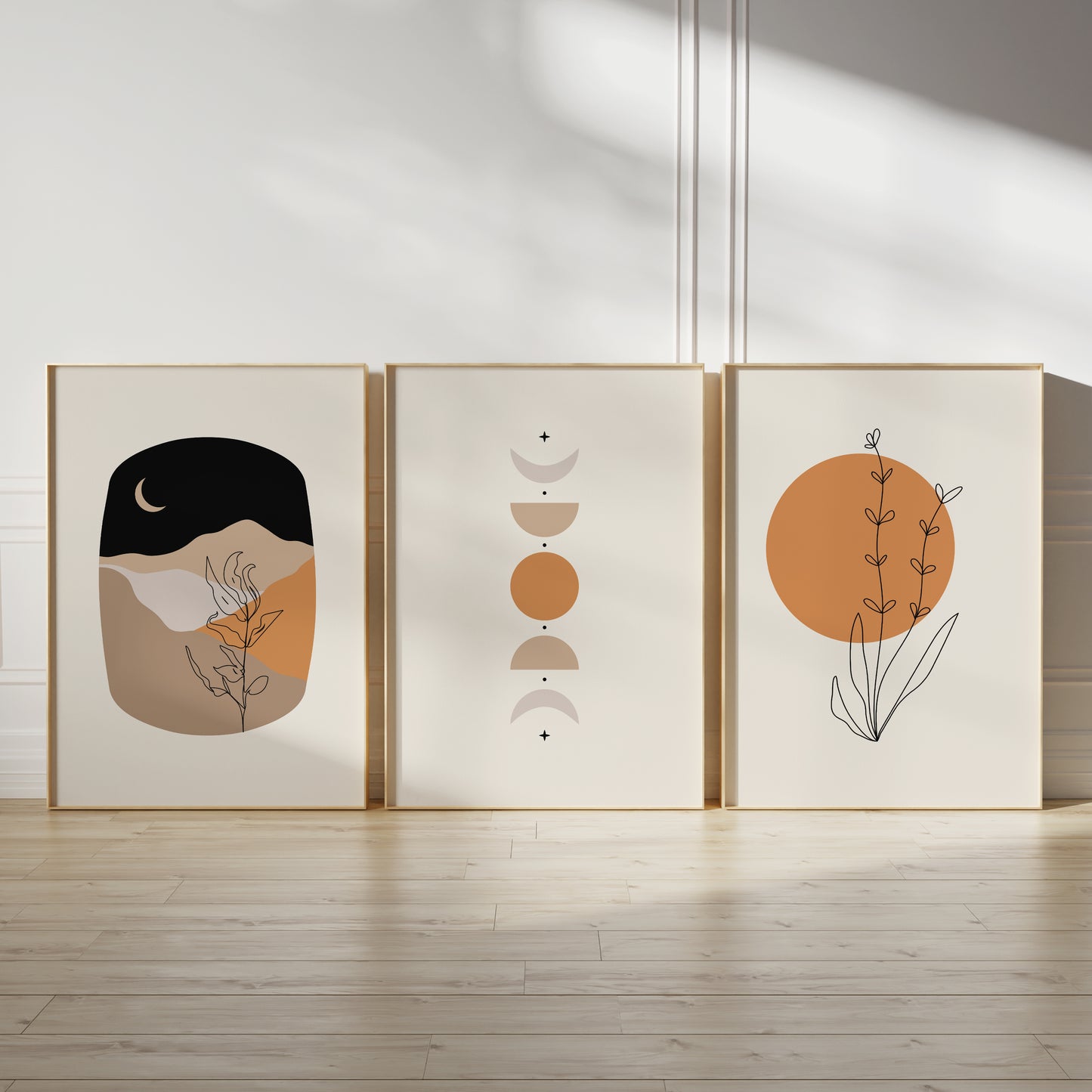 Set of 3 Orange & Black Boho Abstract Wall Prints