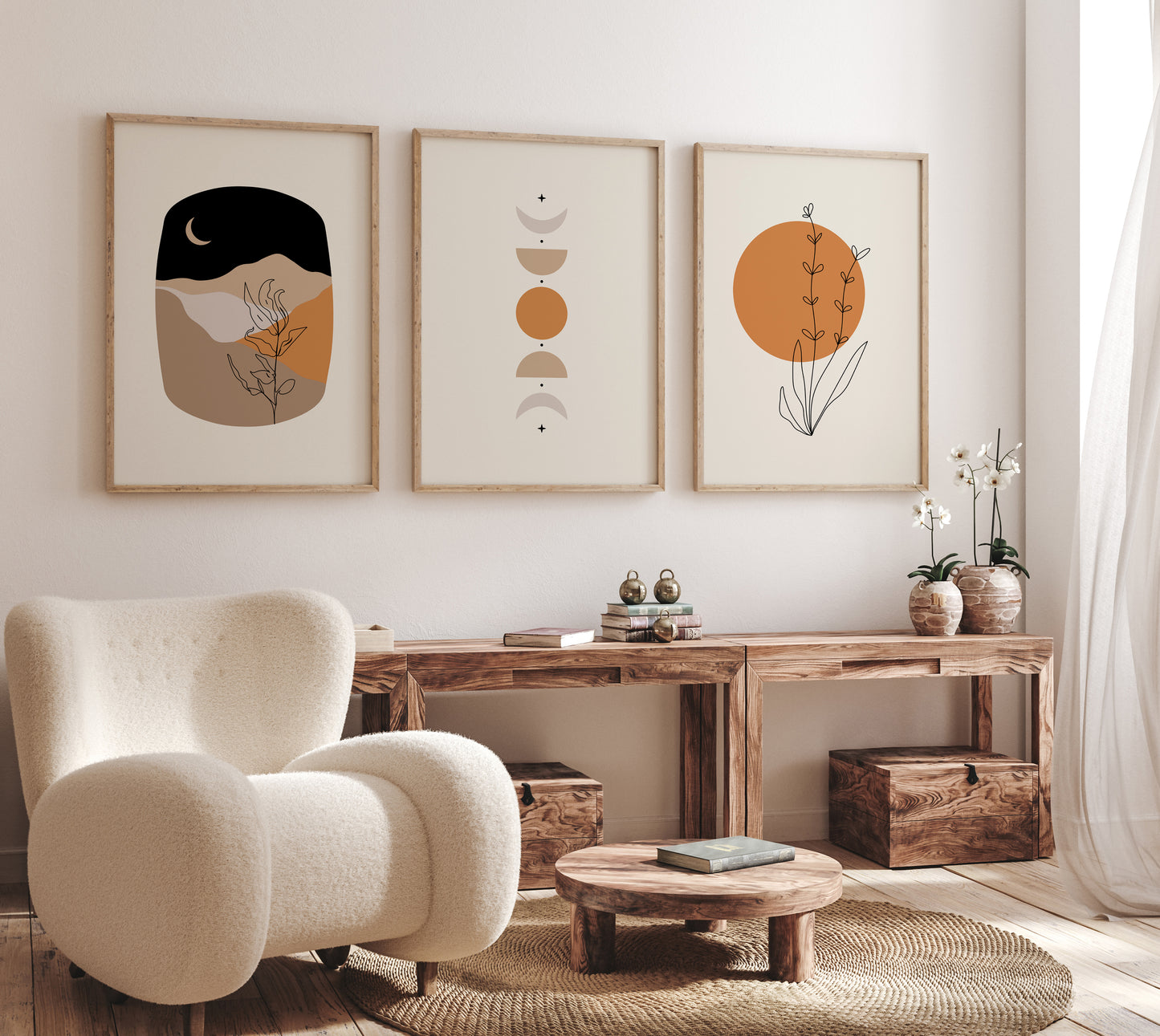 Set of 3 Orange & Black Boho Abstract Wall Prints