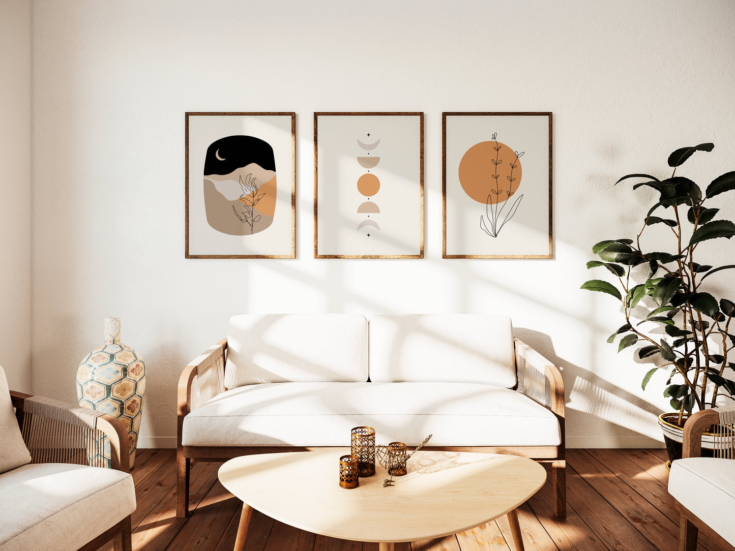 Set of 3 Orange & Black Boho Abstract Wall Prints