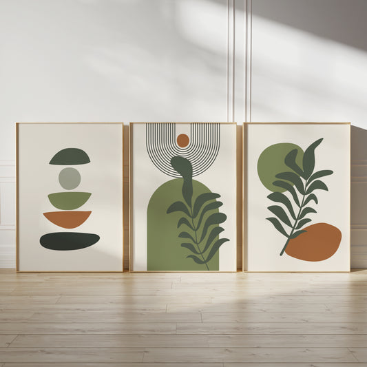 Set of 3 Terracotta & Green Boho Wall Art Prints