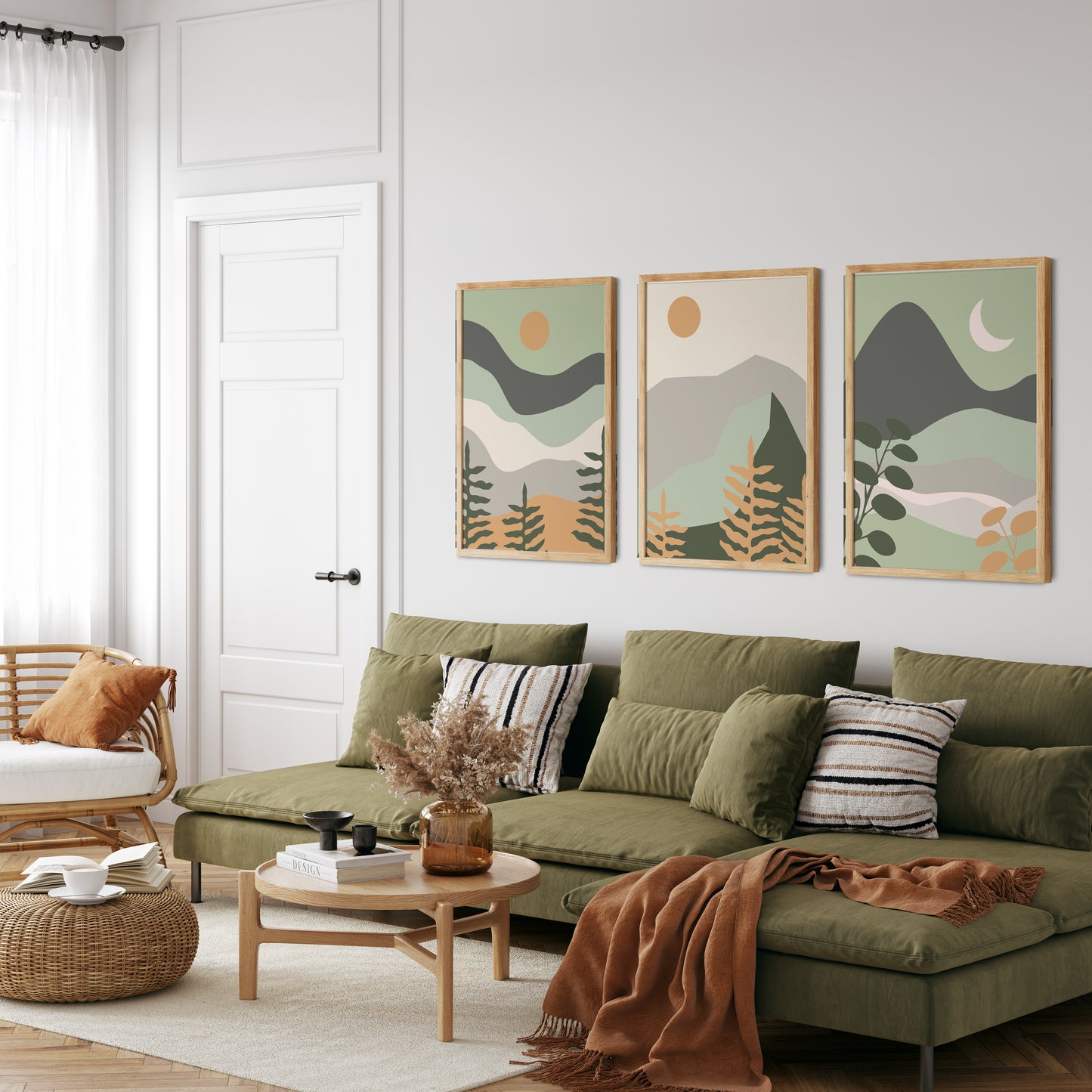 Set of 3 Green Boho Landscape Abstract Wall Art Prints