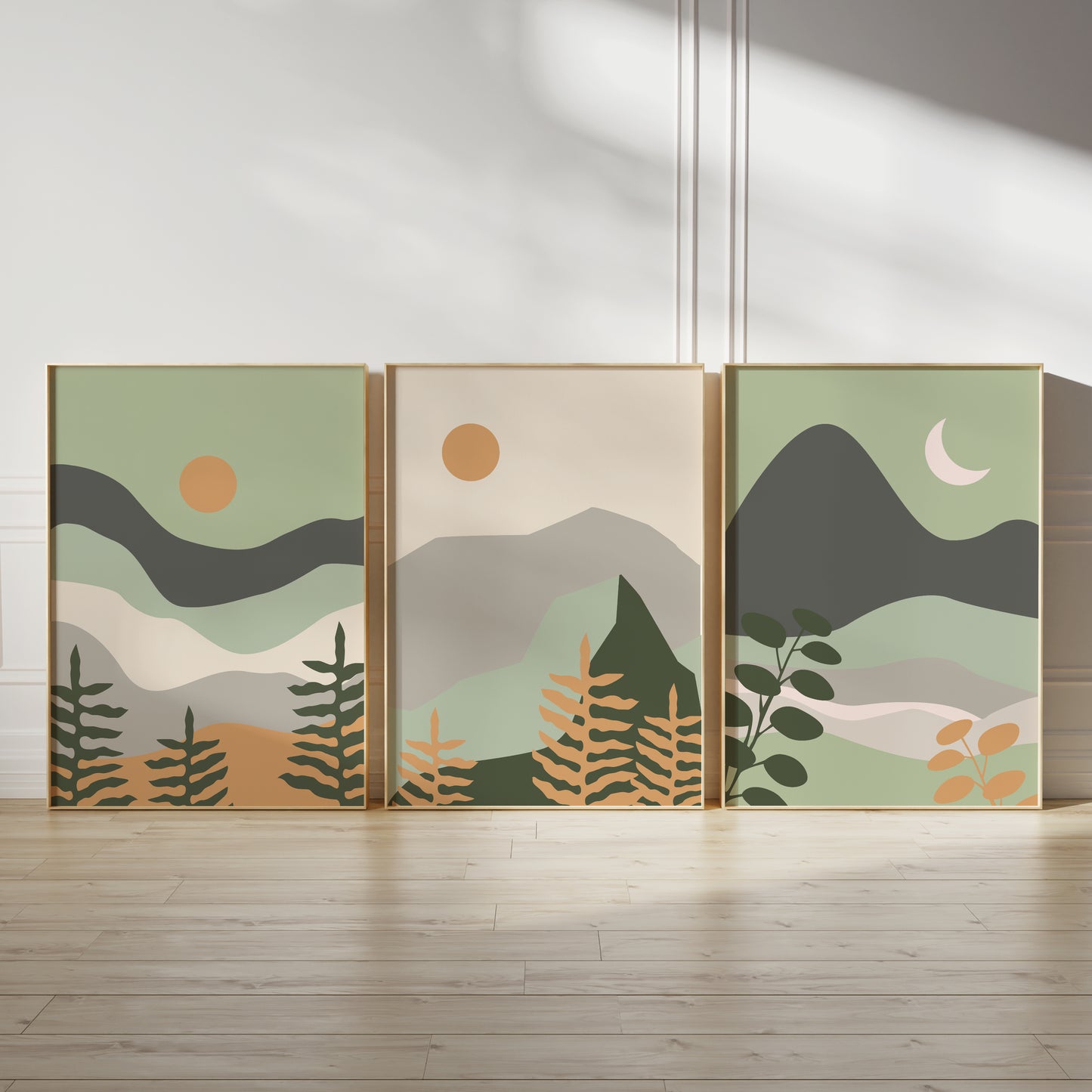 Set of 3 Green Boho Landscape Abstract Wall Art Prints