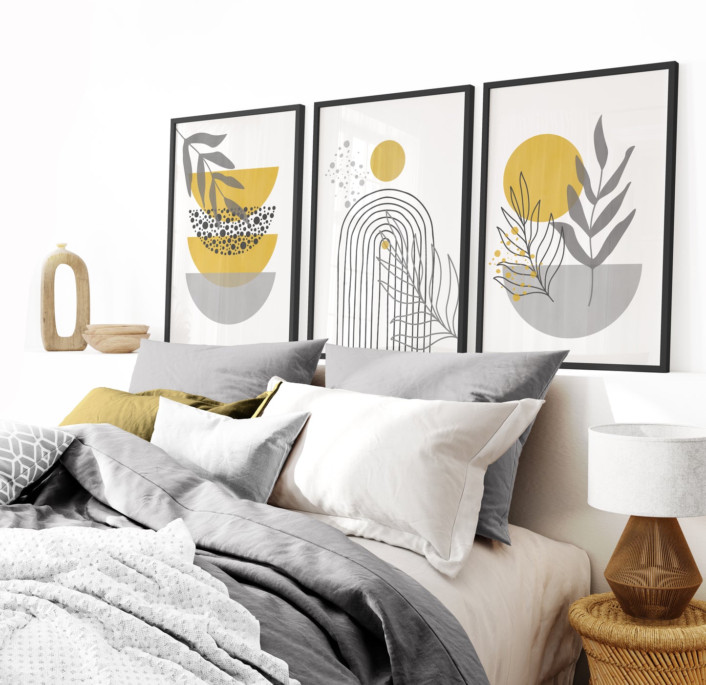 Set of 3 Grey & Yellow Boho Wall Prints