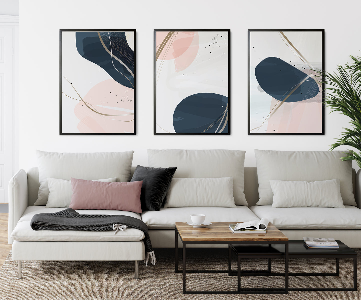 Set of 3 Pink & Blue Abstract Wall Art Prints